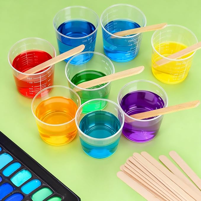 200 Pcs disposable measuring cups for resin, 2oz/60ml Plastic Graduated Cups with 200 Pcs Wooden Stirring Sticks, Clear Scale Cup for Liquid, Medicine