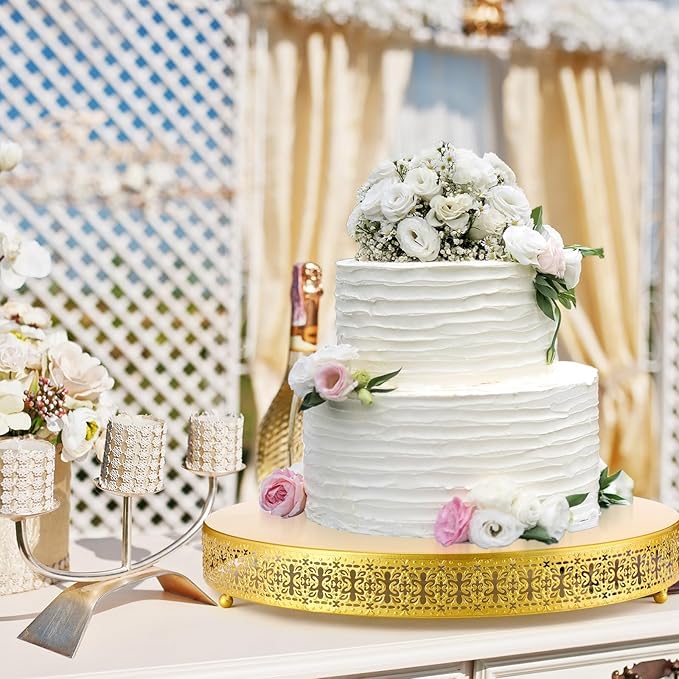Wenqik Gold Cake Stand, 18 Inch Large Metal Round Cupcake Dessert Stand with Cake Knife and Server Wedding Cupcake Display Holder Cookies Serving Tray for Wedding Birthday Baby Shower Party