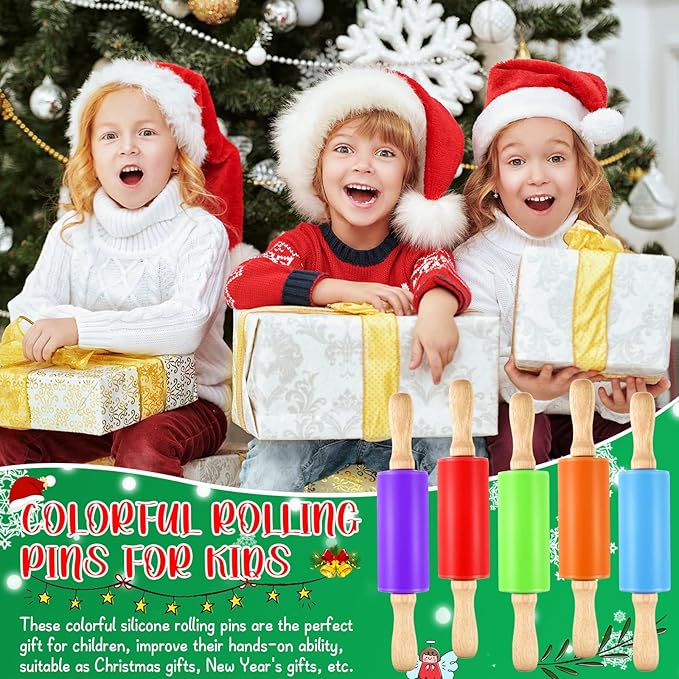 10 Pcs Small Rolling Pin Kids 9 Inch Mini Rolling Pin Silicone Wooden Cooking Pins Baking 5 Colors Non Stick Kids with Wooden Handle for Christmas Kitchen Dough Cookie Pastry Fondant Cake