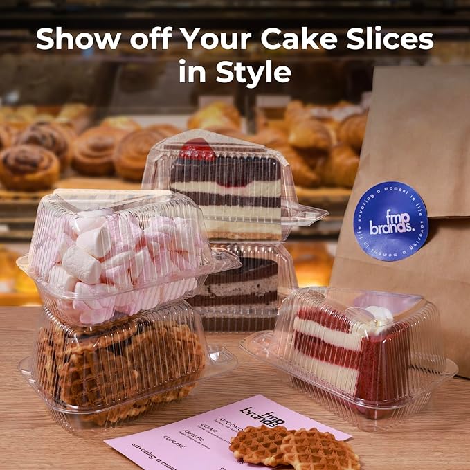 Fit Meal Prep 50 Pack Cake Slice Plastic Containers with Lids - Single 5" Clear Medium Dome Hinged Lid Cheesecake Container, Pie, Food Box, Take Out Togo Packaging for Home, Bakery and Cafe Business