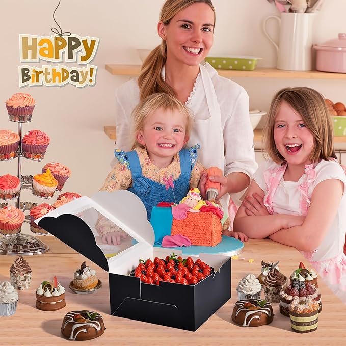 32Pcs 10 Inch Cake Boxes with Cake Boards (16Pcs Black Cake Boxes, 16Pcs Cake Boards), 10x10x5 Inch Bakery Boxes with Window, Cake Carrier Container for Birthday Party, Wedding