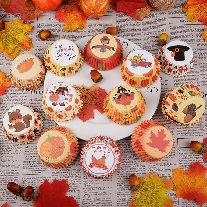 600 Pack Fall Cupcake Liners Thanksgiving Cupcake Wrappers Disposable Baking Cups Muffin Liners for Birthday Party Fall Themed Party Supply Decor (12 Styles)