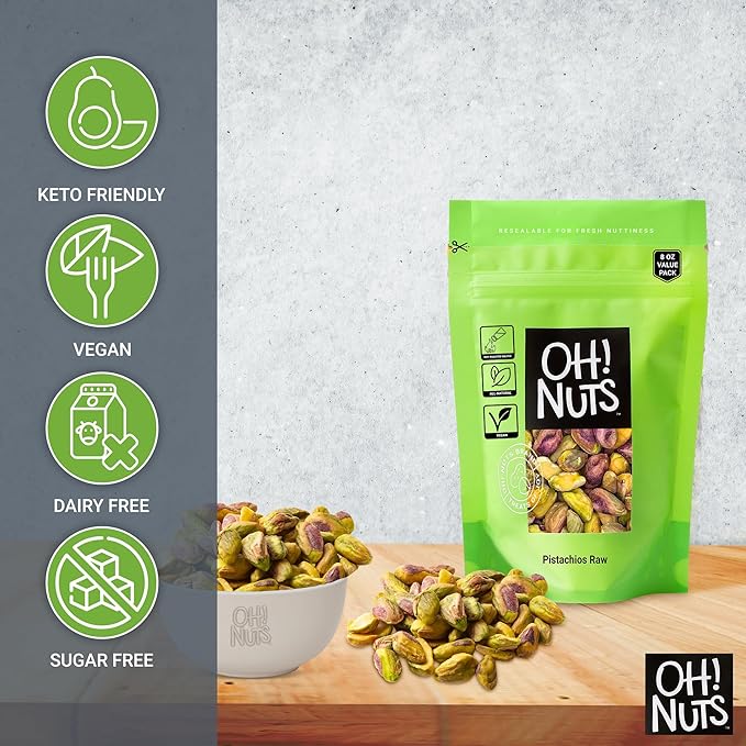 Oh! Nuts Raw Whole California Pistachios No Shell 8 oz, Fresh Shell-Less California Pistachios Bulk Bag - Healthy Snacking Large Nuts for Paleo, Keto, Vegan & Plant-Based Diet