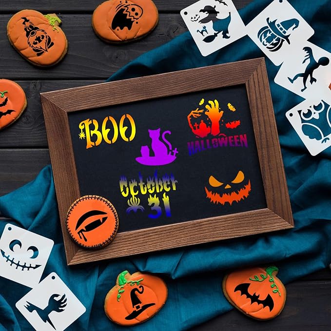 Augshy Halloween Stencils, 56 Pack Pumpkin Painting Stencil Ornament Stencils Plastic for Painting on Wood Ornaments Wood Slice DIY Crafts Fabrics Window Halloween Decoration (3 Inch)