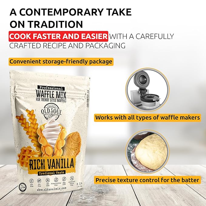OLDSOUL Trendy Waffle & Pancake Mix | Bubble Belgian Cone | Natural Ingredients | Easy Preparation | Reach Vanilla Flavor (6 Lbs)