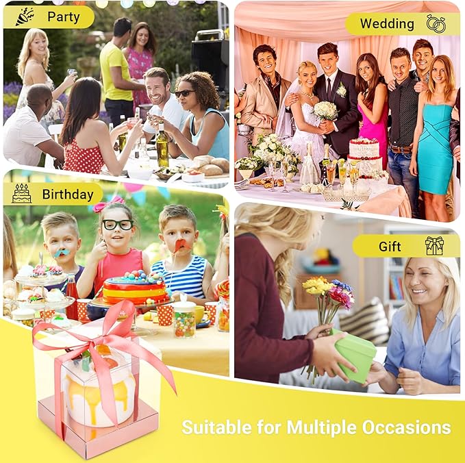 EUSOAR Individual Cupcake Containers, 12pcs 3.5 Inch Plastic Cake Containers with Lids, Single Transparent Display Cupcake Carrier with Ribbon and Inserts for Wedding Party Favor-Rose Gold