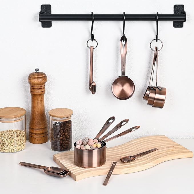 Copper Measuring Cups and Spoons Set of 18, 7 Copper Measuring Cups, 9 Copper Measuring Spoons, Stainless Steel Measuring Spoons and Cups for Dry & Wet Ingredients During Kitchen&Baking