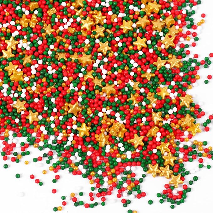 Christmas Nonpareils Sprinkles for Cake Decorating 4.2 Ounce Edible Gold Star Red and Green Holiday Sprinkles Mix for Cupcake Topper Ice Cream Candy Cookie Food Decorative Xmas Dessert