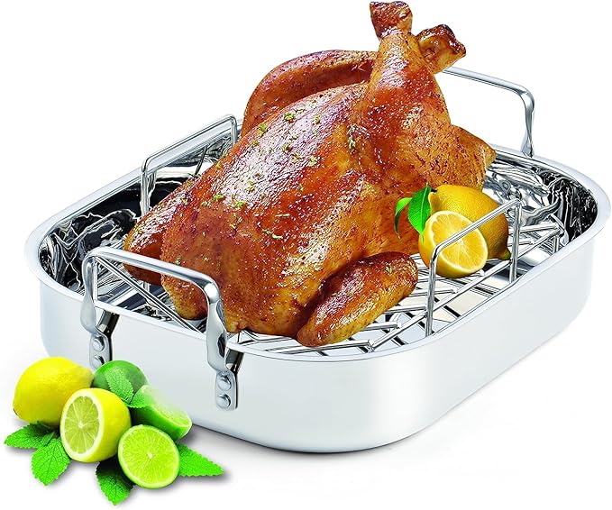 Cooks Standard Stainless Steel Roaster Pan with V-Shaped Rack, 16-Inch by 13-Inch Turkey Roasting Pan Bakeware for Oven, Rectangular