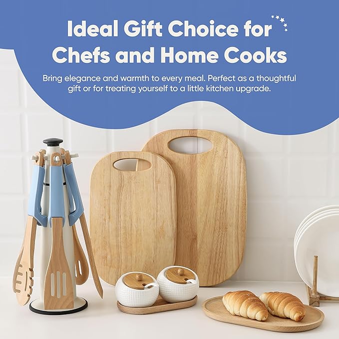 Chef’s Path Wooden Cooking Utensils Set – 5-Piece Beech Wood Kitchen Utensils Set with Silicone Spoon Rest, Wooden Spatula, Serving Spoon, Wooden Spoons for Cooking & Rotating Utensil Holder, Blue