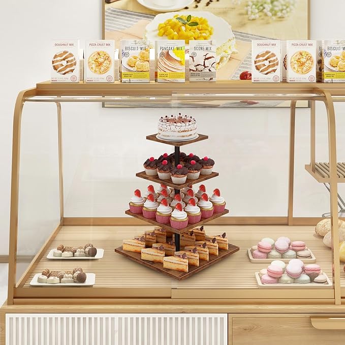 ELITEROO 4 Tier Cupcake Stand, 360 Rotating Cupcake Stand for 50 Cupcakes, Square Tiered Cup Cake Tower Holder, Wooden Dessert Display Stands for Party Wedding Graduation Birthday Baby Shower