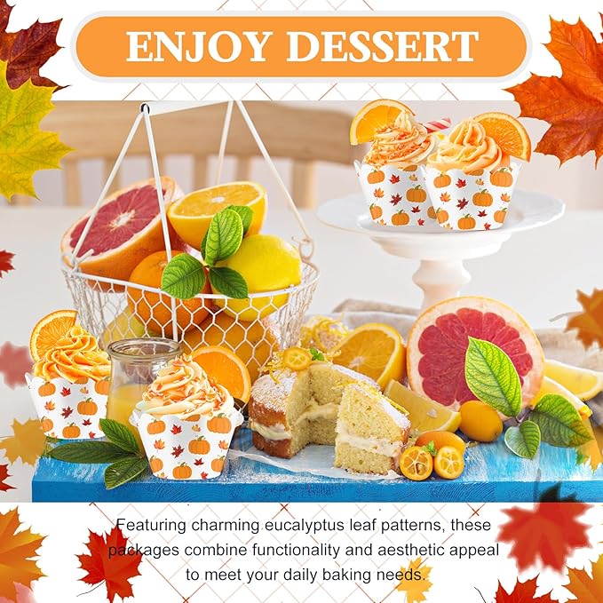 Domensi 100 Pcs Fall Pumpkin Maple Leaf Cupcake Wrappers Rustic Cupcake Liners Thanksgiving Baking Cups Baking Liners for Autumn Wedding Bridal Baby Shower Birthday Party Supplies Dessert Decoration