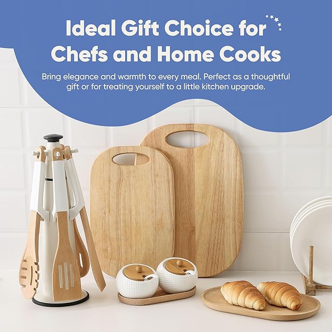 Chef’s Path Wooden Cooking Utensils Set – 5-Piece Beech Wood Kitchen Utensils Set with Silicone Spoon Rest, Wooden Spatula, Serving Spoon, Wooden Spoons for Cooking & Rotating Utensil Holder, White