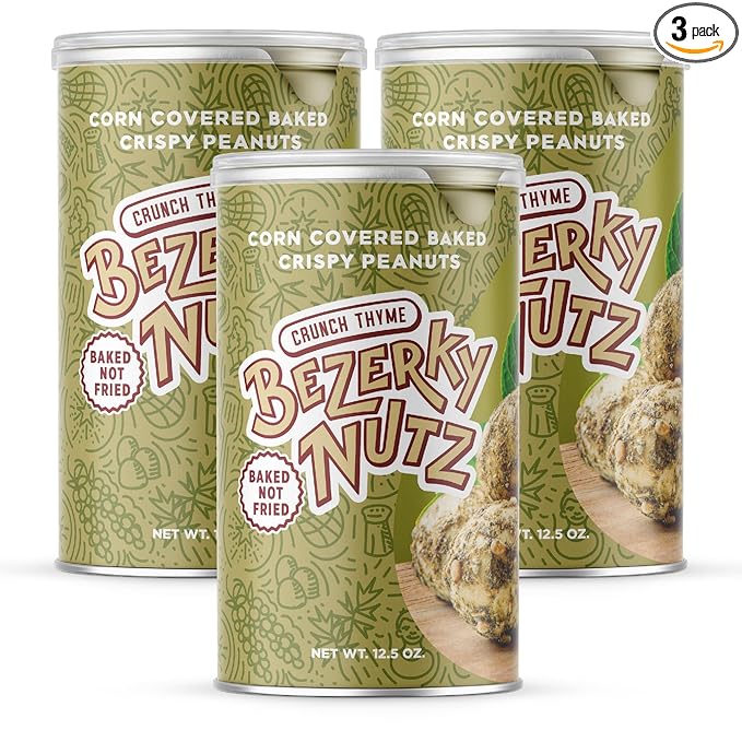 Bezerky Ready to Go Snack | Corn Coated Crunchy Peanuts | Baked not Fried | Thyme Flavor | Back Pack Friendly | 12.5oz (Pack of 3)