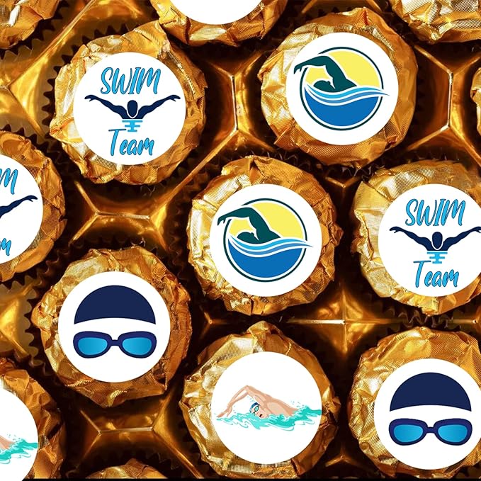 Swim Team Round Candy Sticker - Swimming Party or Birthday Favors Sticker Labels Fit Chocolate Candy (160 Pieces