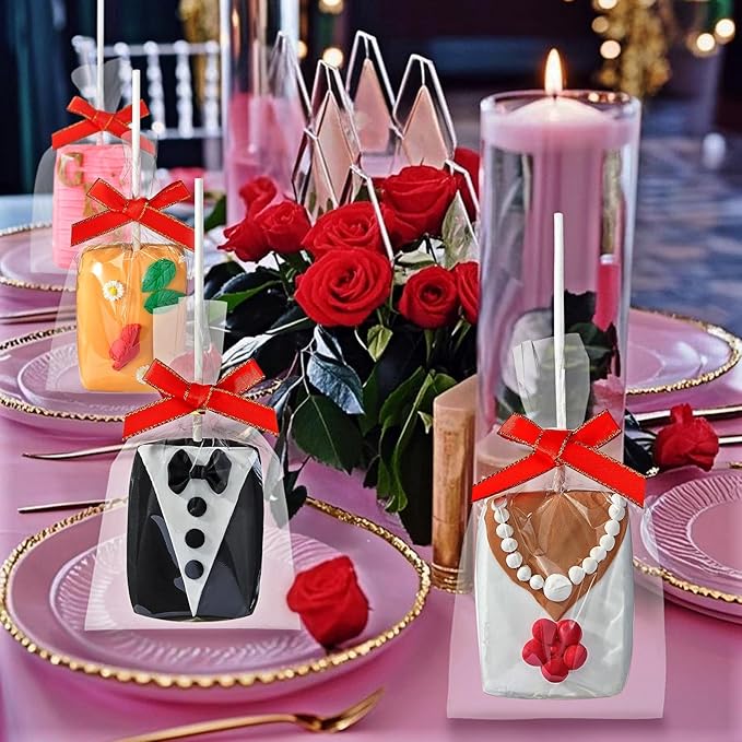 RomanticBaking 50 Sets Clear Rice Krispie Treat Bags with Red Ribbon Bow and Stick & Flat Cellophane Clear Bags for Rice Krispie Treats Gift Giving Bag(Red)