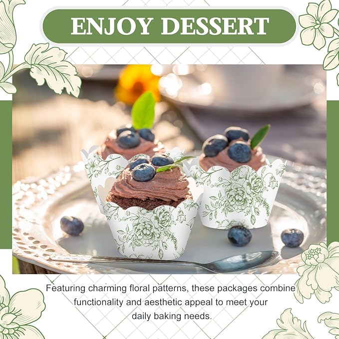Domensi 100 Pcs Cupcake Wrappers Rustic Cupcake Liners Baking Cups Baking Liners for Wedding Bridal Baby Shower Birthday Party Supplies Dessert Decoration(Green, Floral)