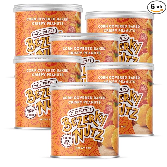 Bezerky Cracker Nuts | Pizza Popper | Corn Coated Peanuts | Crunchy Savory Snacking | Great for On the Go | Baked Peanut Balls | 7 oz (Pack of 6)