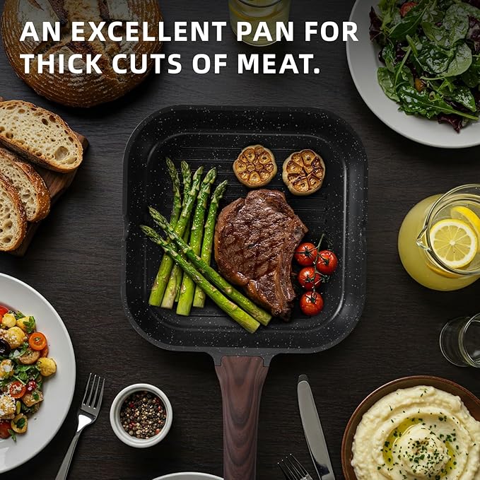 Kikcoin Nonstick Grill Pan for Indoor Cooking,9.5 Inch Versatile Griddle for Stove Tops Steak Pan with Pour Spouts