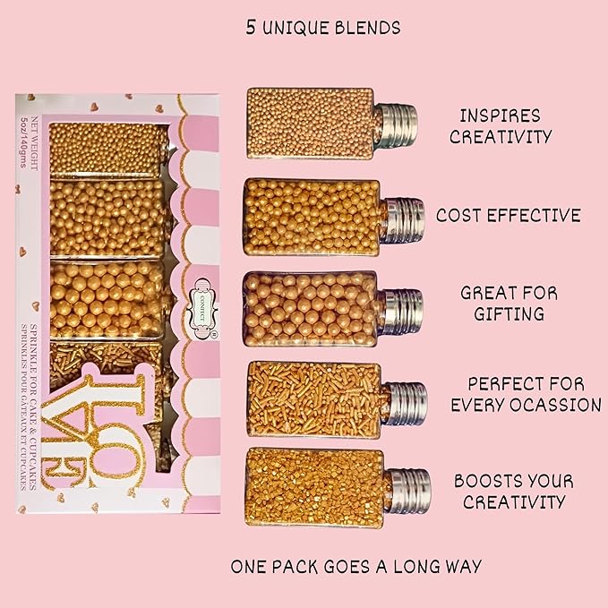 Confect Gold Sprinkles – Assorted 5-Pack for Cake & Cupcake Decoration, Golden Dragees, Jimmies & Sparkling Sugar for Christmas & Birthday Parties | Vegan, Gluten-Free, Nut-Free, Soy-Free, Dairy-Free, Palm Oil-Free -5 Oz