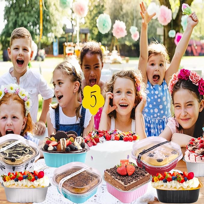 10oz Mini Cake Pans With Lids 50 Pack,Aluminum Foil Square Brownie Baking Cups,4”x4” Disposable Loaf Pans With Lids and Spoons Stickers,Large Cupcake Pans Muffin Cake Tins Cake Container(Silver)