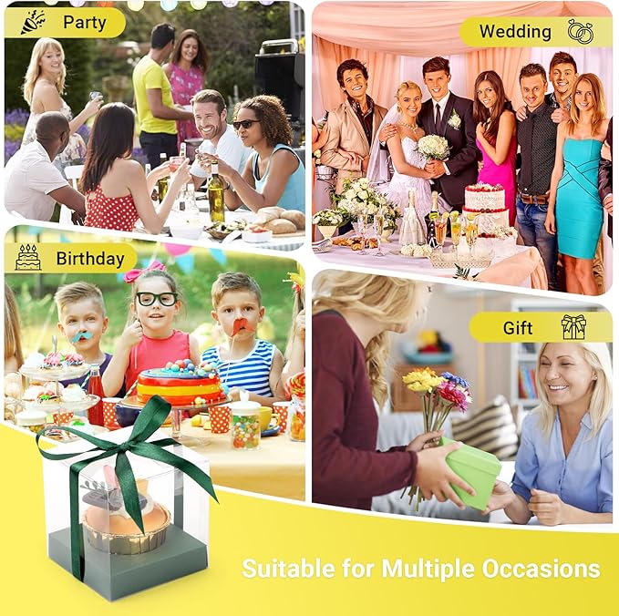 EUSOAR Disposable Green Cupcake Boxes, 12pcs 3.5 Inch Plastic Individual Cupcake Carrier Storage for Cake Dessert, Transparent Cupcake Holder Carrier with Ribbons for Wedding Party Bakery Favor