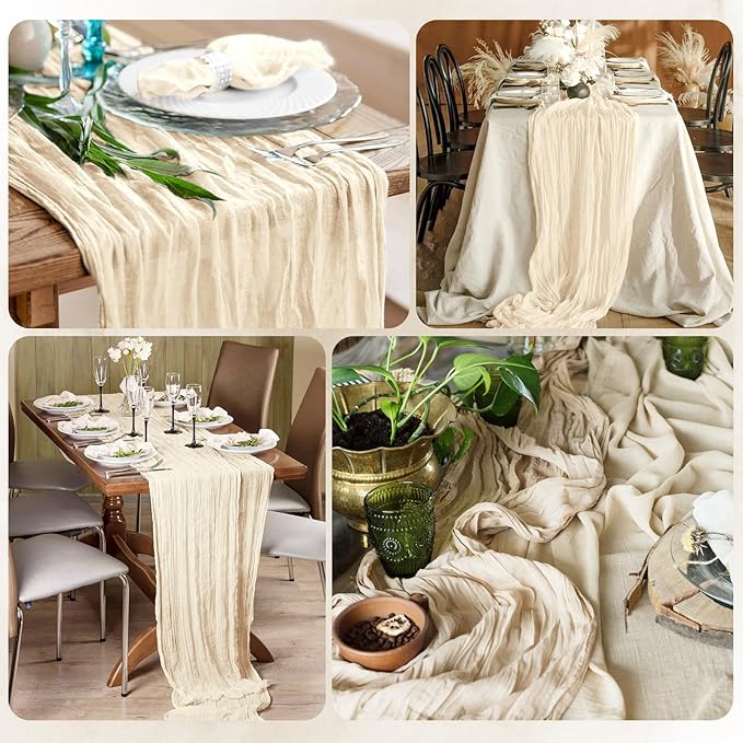 6 Pack Ivory Cheesecloth Table Runner 17x108 Inch Semi Sheer Boho Gauze Cheese Cloth Fabric Table Runners, for Wedding Party Baby Shower Birthday Home Decor Garden Farmhouse