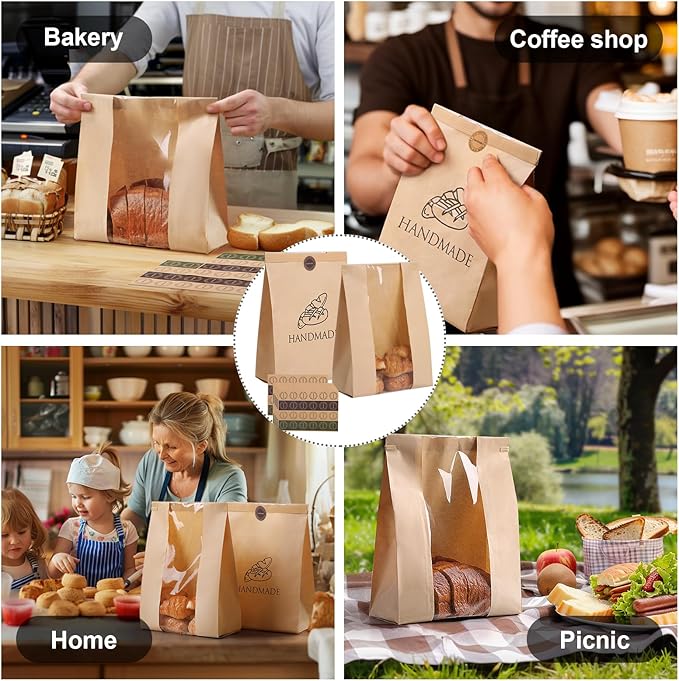 45 Pack Paper Bread Bags for Homemade Baking - Tin Tie Tab Lock Sourdough Bag, Large Loaf Packaging With Clear Window for Storage - 48 Label Seal Stickers for Bakery Use