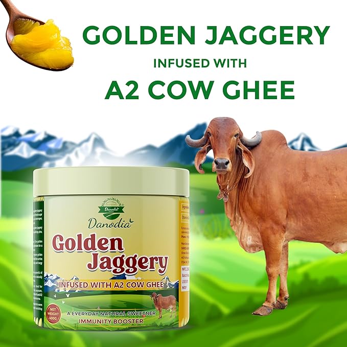 Danodia Foods Golden Jaggery with A2 Cow Ghee, 14.1 oz (400 g) | Cane Juice Jaggery Infused with Pure A2 Ghee | Rich Caramel-Butter Taste for Coffee, Tea, Baking, Desserts
