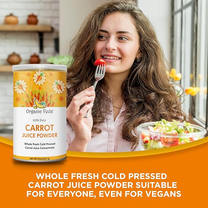 Organic Veda Carrot Powder - Made with Whole Fresh Cold Pressed Carrot Juice Concentrate - Ideal for Juice, Smoothie, Baking & Cooking - 100% Pure & Natural, 8 oz