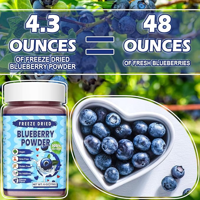 Freeze Dried Blueberry Powder - Kiigfood 6 oz/170g Natural Blueberry Powder Fruit Powder, Organic Blueberry Extract for Smoothie, Drinks, Christmas Baking, Cakes Decoration - Vegan, Non-GMO, Gluten-Free