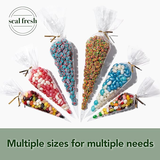 Seal Fresh Cone Cellophane Bags with Twist Ties – 7 x 15 Inch (200 Pack) — Clear Cone-Shaped Treat Bags for Candy, Snacks, Party Favors, Popcorn, Gifts