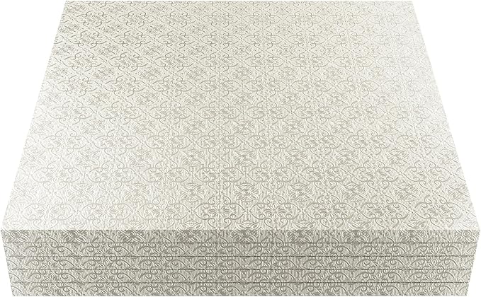 O'Creme Silver Foil Square Cake Board - Gorgeous Design, Sturdy & Durable 1/2" Thick Drums, 14" x 14" Inch, Pack of 5 Disposable