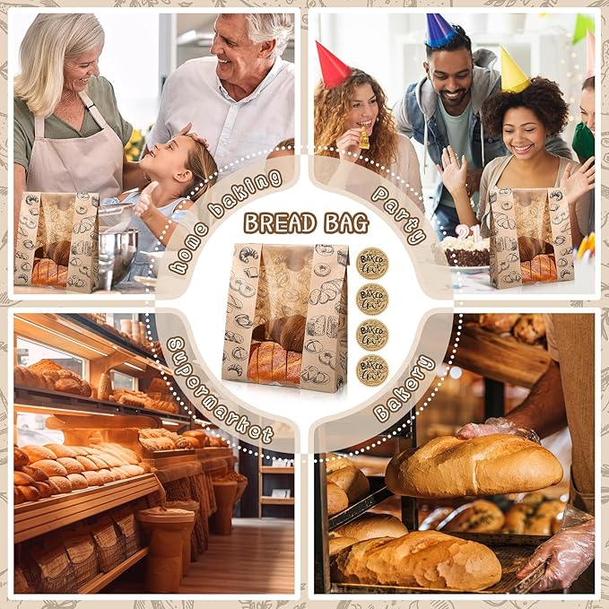 100 Packs Paper Bread Bags for Homemade Bread Sourdough 13.8 x 8.3 x 3.5 Inches Kraft Paper Bakery Bag with Window Label Seal Sticker for Baked Food Packaging Storage(Brown)