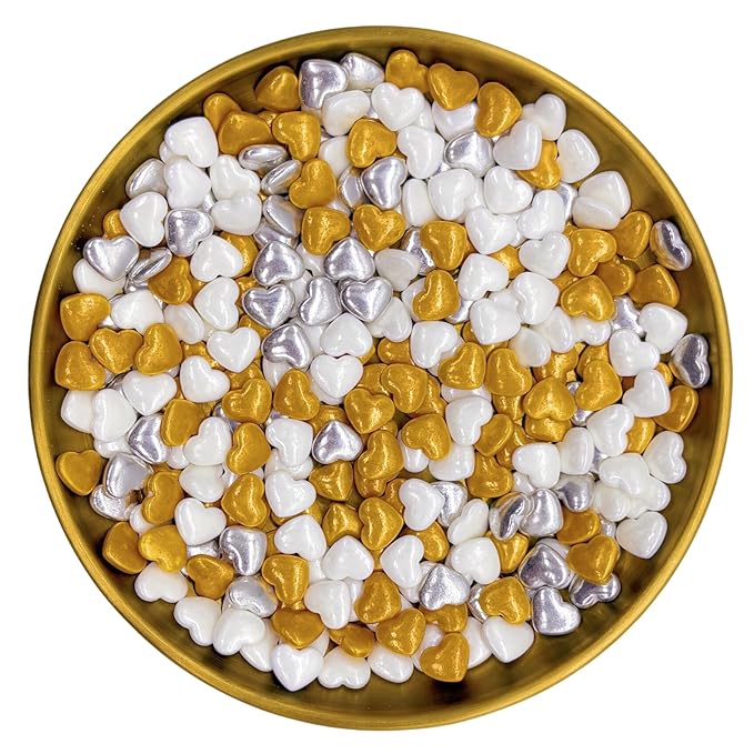 Dynastang Gold & Silver & White Heart Sprinkles Edible Heart Cake Decorating Heart Cake Decorations Cupcake Toppers Cookie Decorating Perfect for Cakes, Cupcakes, Desserts Toppings 3OZ