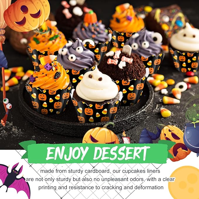 Domensi 100 Pcs Halloween Pumpkin Cupcake Wrappers Rustic Cupcake Liners Pumpkin Candy Corn Baking Cups Baking Liners for Wedding Bridal Baby Shower Birthday Halloween Party Supplies Dessert Decors