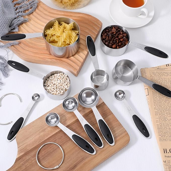 Measuring Cups and Magnetic Measuring Spoons Set of 10 Piece Nesting Metal Measuring-Cups Set Soft Silicone Handles for Dry and Liquid Ingredients Cooking and Baking