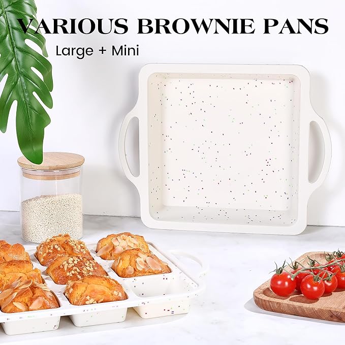 1 Pc Brownie Pan With Dividers Silicone Nonstick Mini Individual 12 Cup Square Muffin Cupcake Pans with Metal Frame(Cream)