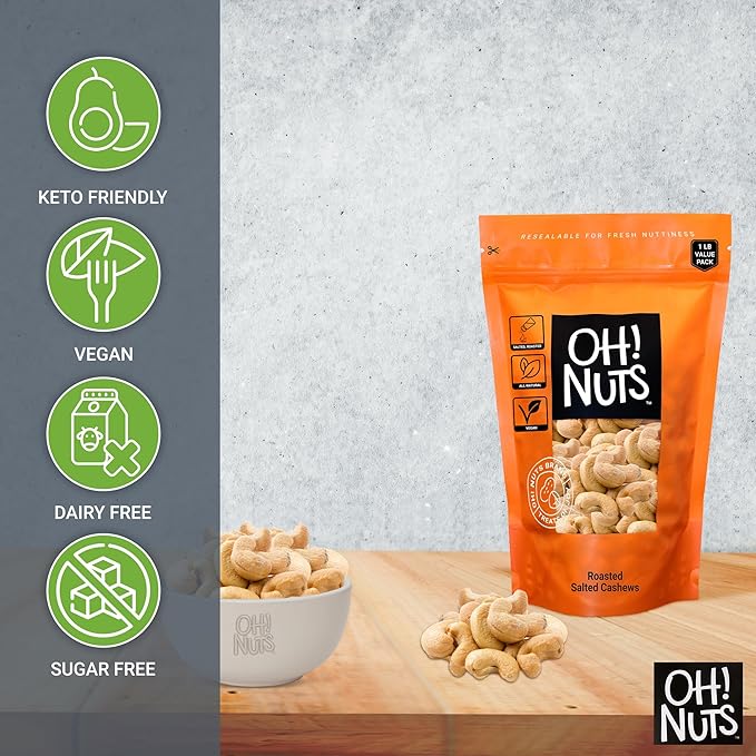 Oh! Nuts Cashews Roasted Salted - 1 lb - Oven Dry Roasted Cashews - Packed in New York Zip-Seal Bag for Exceptional Freshness
