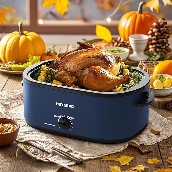 24 Quart Electric Roaster Oven with Visible & Self-Basting Lid, Large Turkey Roaster Oven with Defrost & Warm Function, Adjustable Temperature, Removable Pan & Rack, Stainless Steel, Blue