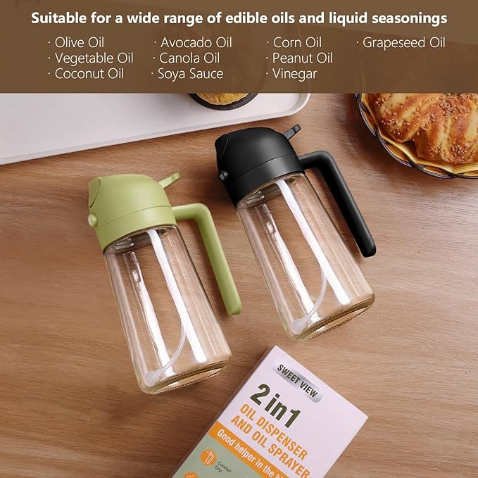 Olive Oil Sprayer for Cooking, 470ml 2 In 1 Glass Oil Dispenser/Pour Bottle, Kitchen Accessories, Kitchen Gadgets for Air Fryer, Salad, BBQ (Black)