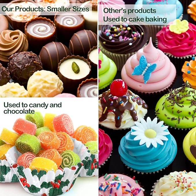 Funtery 600 Pcs Christmas Cupcake Liners Mini Muffin Liners Paper Candy Cups 1.3 Inch Holly Print Baking Cups Small Xmas Cupcake Wrappers for Baking Truffles Chocolates Making(Holly)