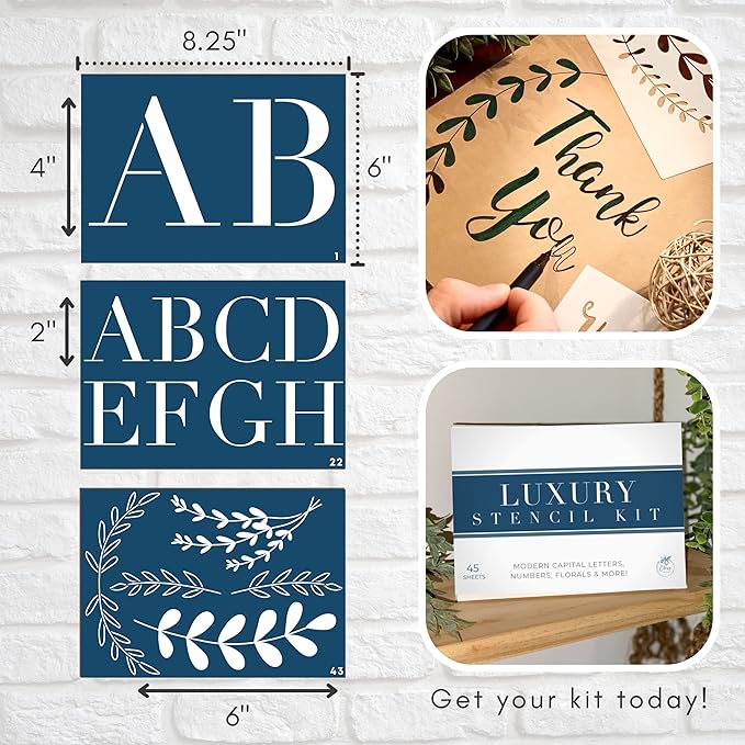 Boutique Stencil Template Kit | 45 Reusable Pieces | Includes Lettering Uppercase Both Large and Small | Numbers, Punctuation, Butterfly, Animal, Bee, Leaf & Flowers | for Arts Crafts Painting Wood
