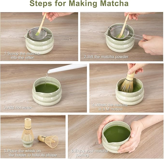 White Matcha Whisk Set, Ceramic Matcha Kit Set Includes Matcha Bowl, Matcha Whisk and Holder, Bamboo Scoop, Scoop Rest, Sifter and Tea Towel - 7 Pcs Matcha Kit for Matcha Lovers