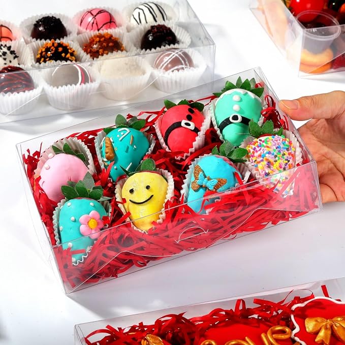 10pcs 8x5x2Inches Plastic Clear Bakery Boxes Cookies Chocolate Covered Strawberries Boxes Cake Truffle Box Cakesickle Box Treat Box for Christmas Valentine's Mother's Day