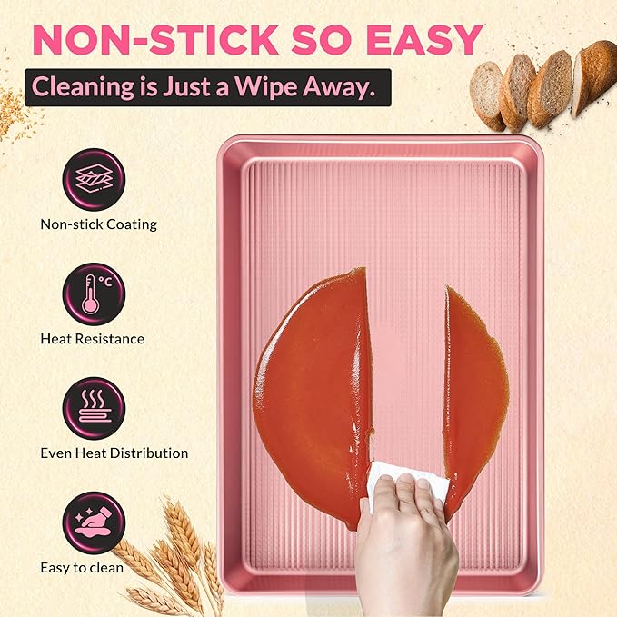 Saker nonstick baking sheet pan set,EvenHeat Baking Sheets Set of 2, Non-Stick Cookie Pan for Perfect Baking Results, Oven Safe Carbon Steel Bakeware (Pink)