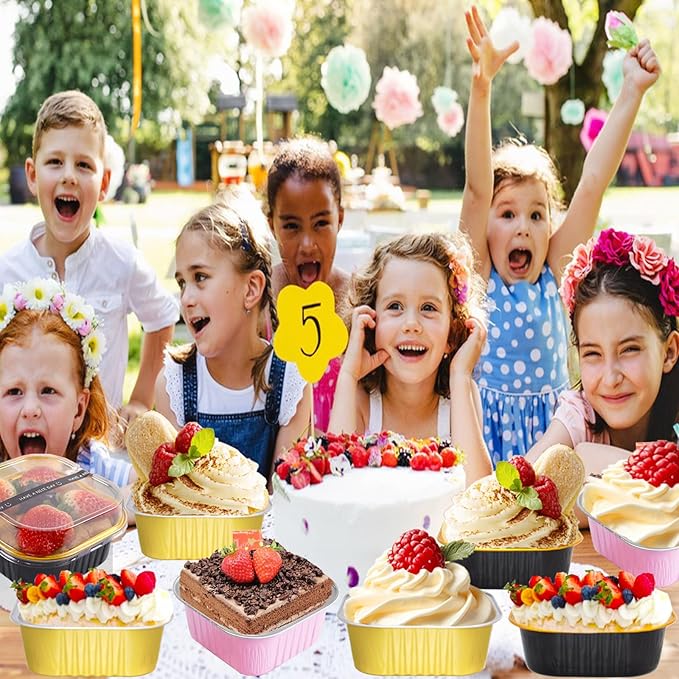 10oz Mini Cake Pans With Lids 50 Pack Aluminum Foil Square Brownie Baking Cups,Disposable Loaf Pans With Lids and Spoons Stickers,Large Cupcake Pans Muffin Tins Cake Container(Black)