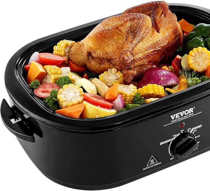 VEVOR Electric Roaster Oven with Defrost & Warm Function, 24 QT Turkey Roaster Oven with Self-Basting Lid, 1450W, Adjustable Temp, Removable Pan & Rack, Fits Turkeys Up to 28LBS, Black