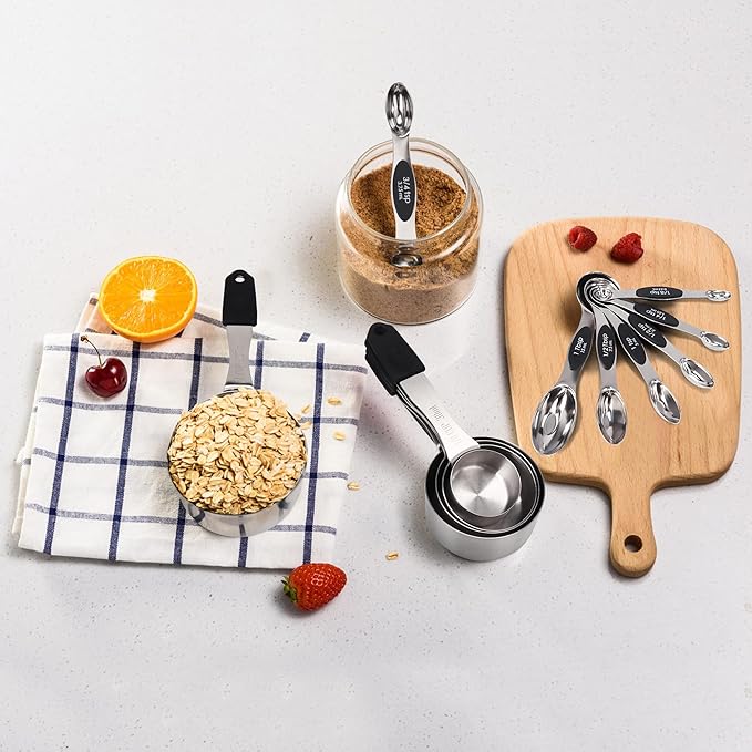 Magnetic Measuring cups and spoons Set, 5 Stainless Steel Magnetic Measuring Cup and 8 Double Sided Measuring Spoons with 1 Leveler,Kitchen Gadgets for Cooking & Baking