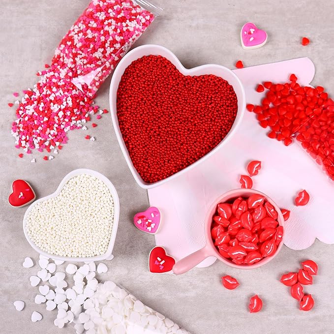Heart Sprinkles Valentines Edible Sprinkle Mix Red White Heart Shapes Nonpareils Pastel Sprinkles for Cake Decorations Baking Ice Cream Cookies Cupcake Topper 6 Packs